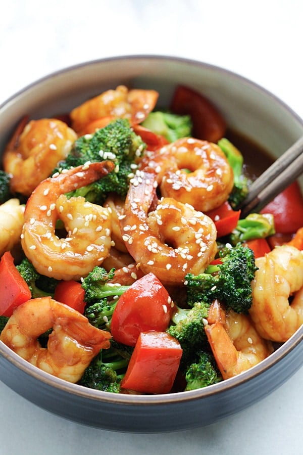 Close up of easy shrimp and broccoli Asian stir-fry with San-J brown hoisin sauce.