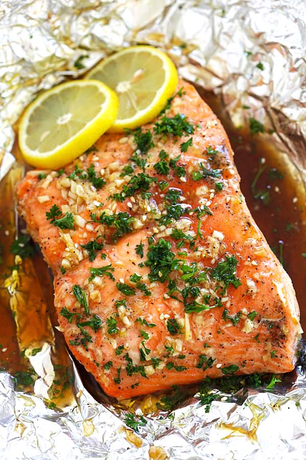 Easy and quick soy honey butter salmon baked in foil.