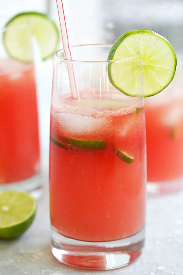 Homemade iced watermelon lemonade, ready to serve.