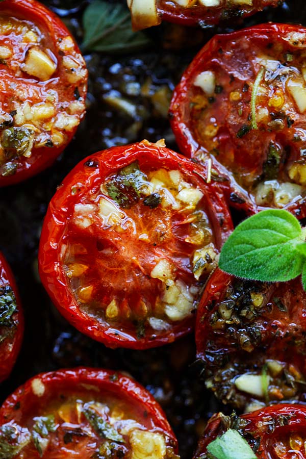 Oven roasted tomatoes are perfectly juicy and bursting with flavors.