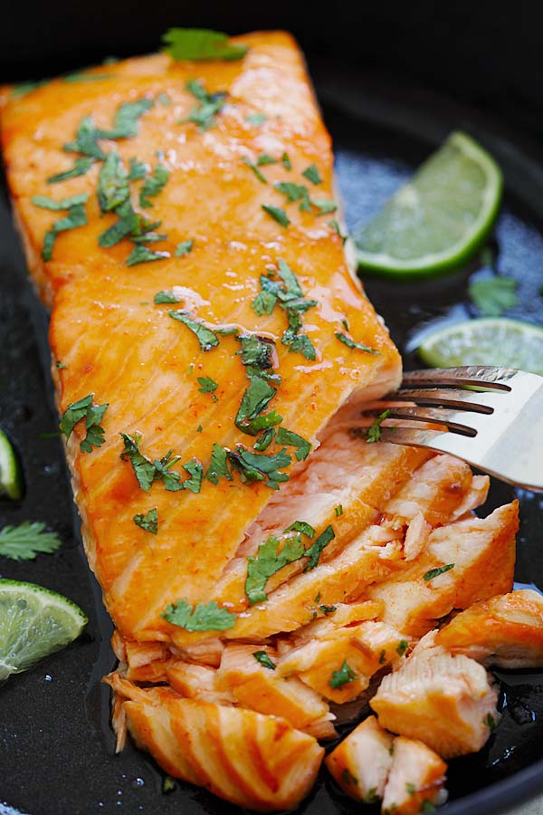 Orange glazed Salmon marinade with sriracha lime sauce.