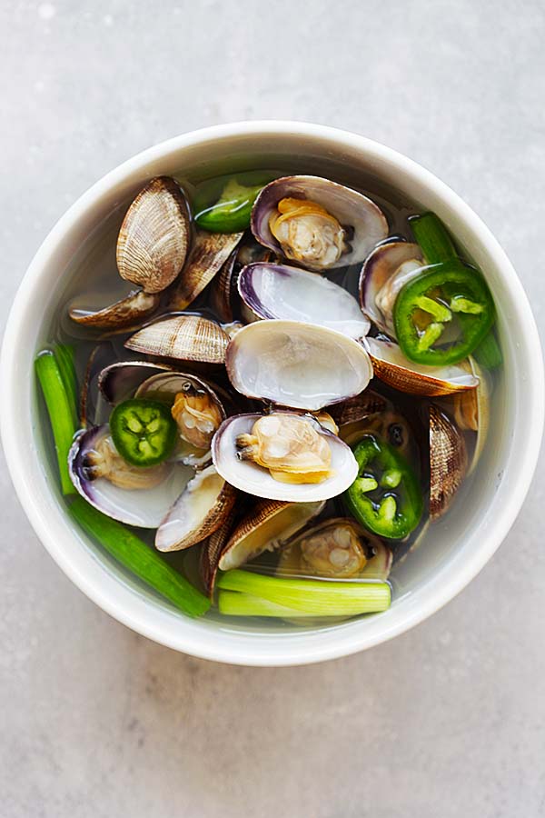 Korean clam soup with jalapeno and garlic.