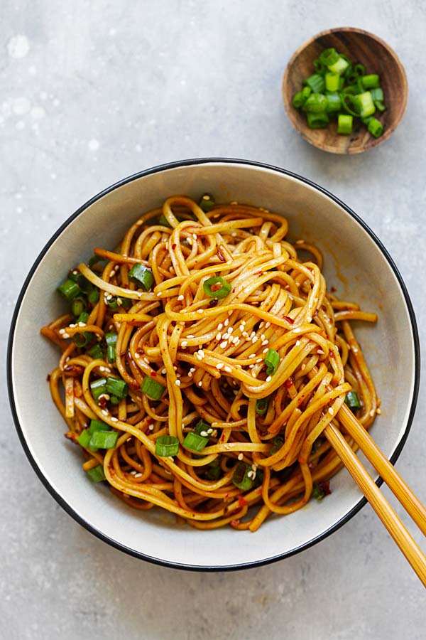 Easy and quick homemade Chinese spicy Sichuan Cold Noodles in a plate.