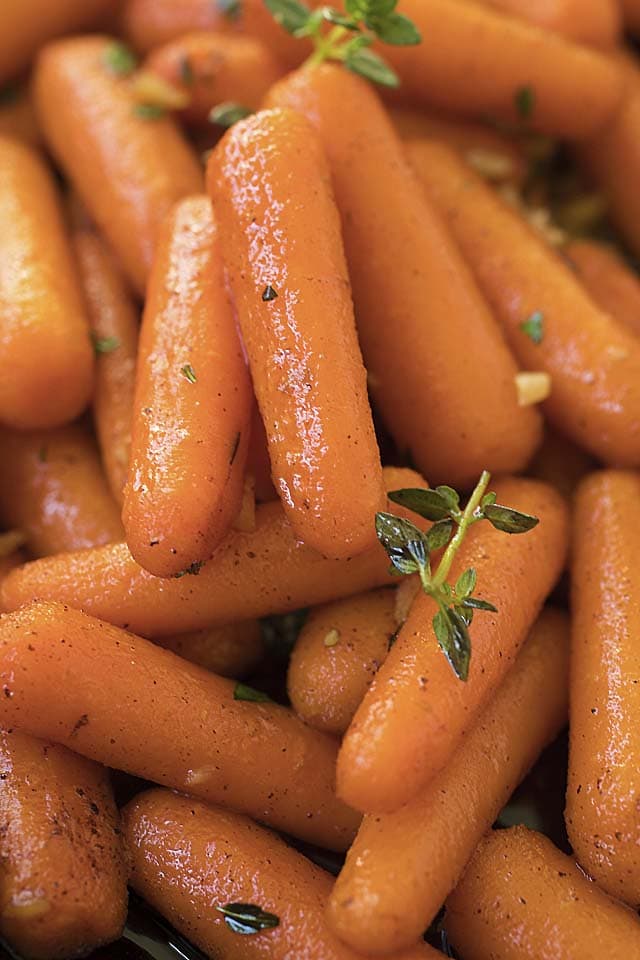 Close up of homemade maple roasted carrots with brown butter.