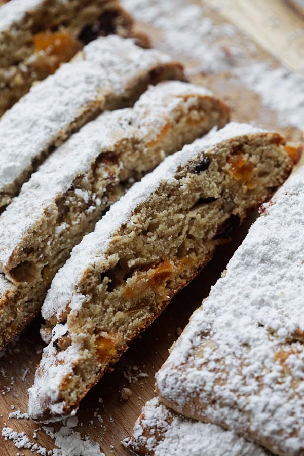 Easy homemade Holiday Bread made with pecan nuts and dried fruits, covered in powdered sugar.