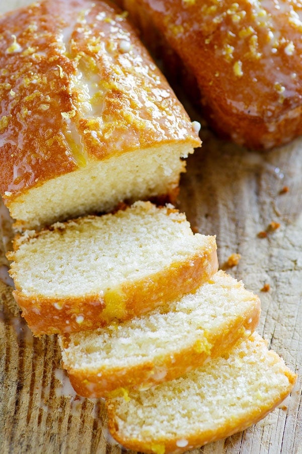 Slices of Glazed Lemon Pound Cake Loaf, ready to serve.