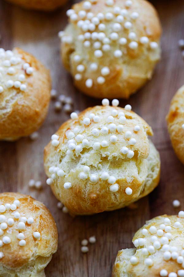 Easy French Chouquettes choux pastry covered with sugar.