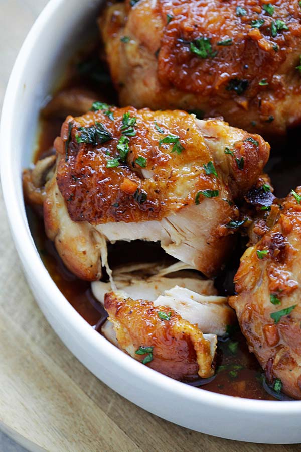 Tender instant pot chicken thighs with delicious honey garlic sauce. 