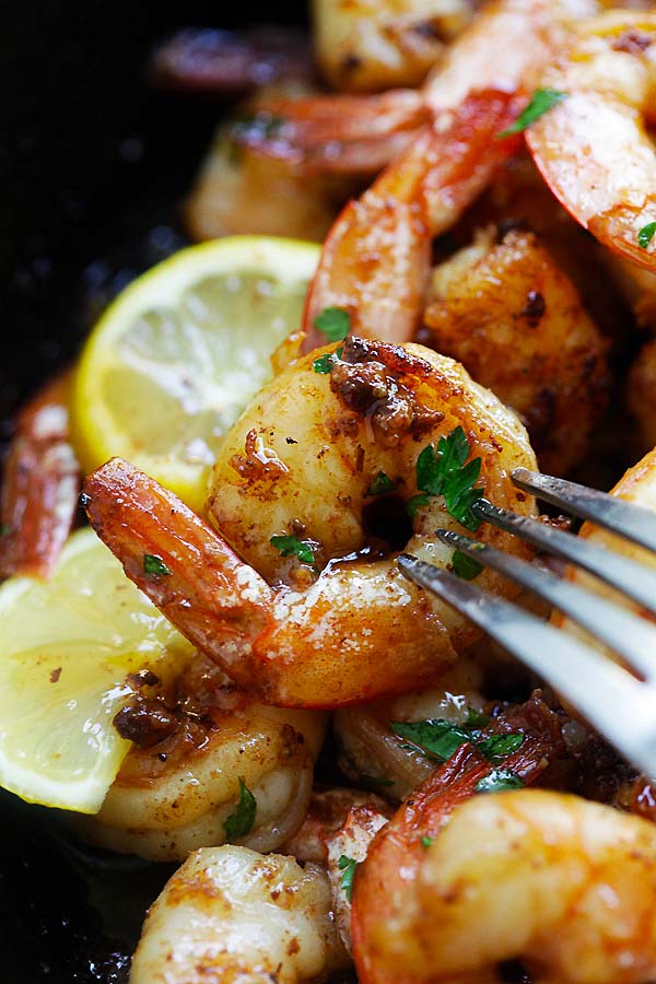 Easy homemade sauteed butter lemon garlic shrimp, ready to serve.