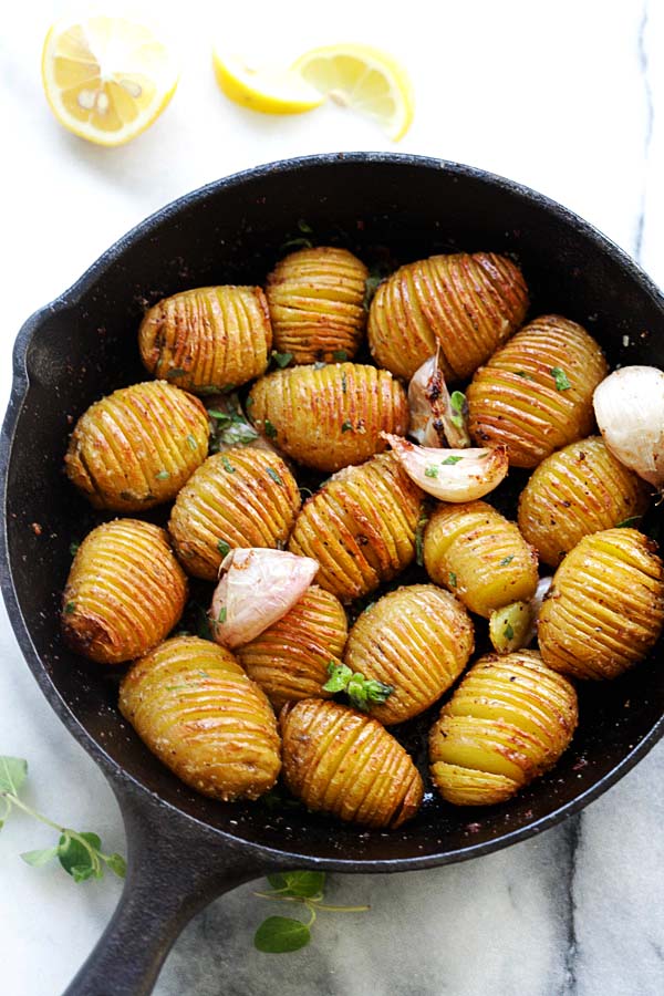 Hasselback Potatoes recipe with garlic and butter.