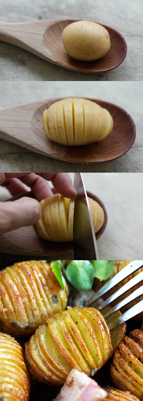 How to Slice Hasselback Potatoes - learn the step-by-step picture guide on how to cut potatoes into hasselback potatoes with a secret kitchen tool and a sharp knife | www.666630.xyz