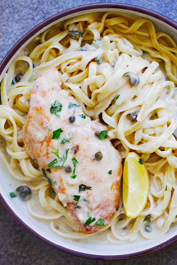 Pressure cooked chicken Piccata in a creamy Piccata sauce linguine pasta.