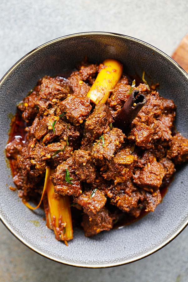 Beef rendang with tender beef served in a bowl. 