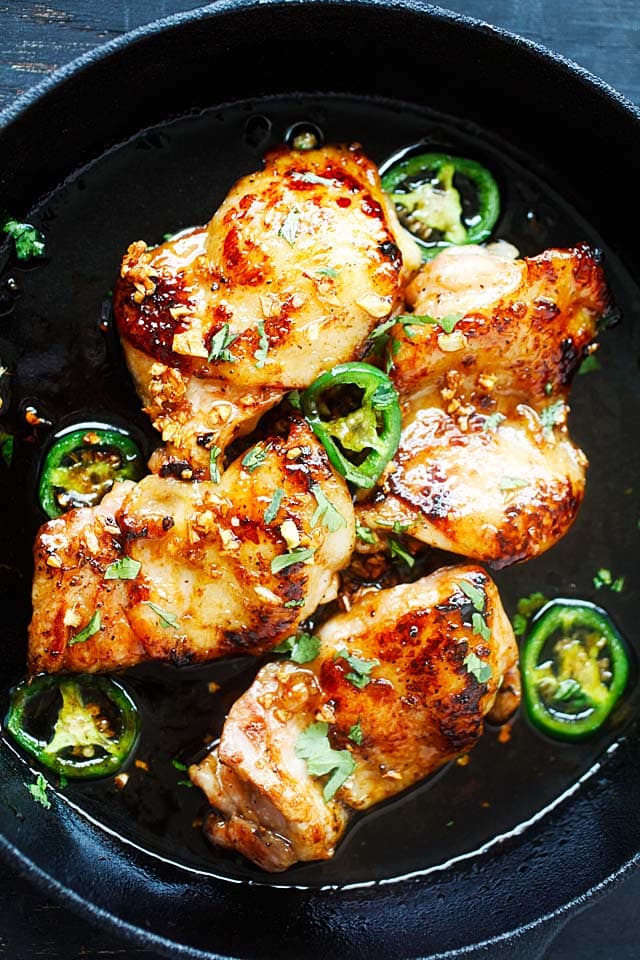 Caramel chicken in a skillet.