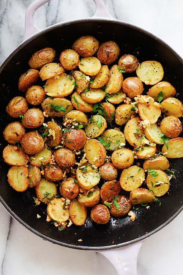 top down view of roasted Crispy Potatoes.