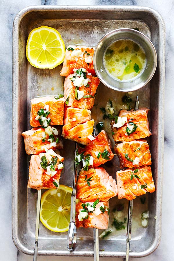 Garlic Butter Salmon Kebab in baking dish.