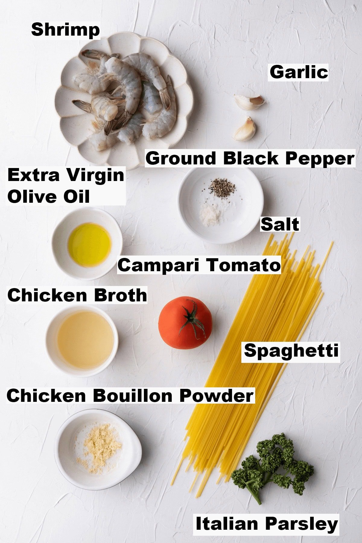 Ingredients for Italian shrimp pasta. 