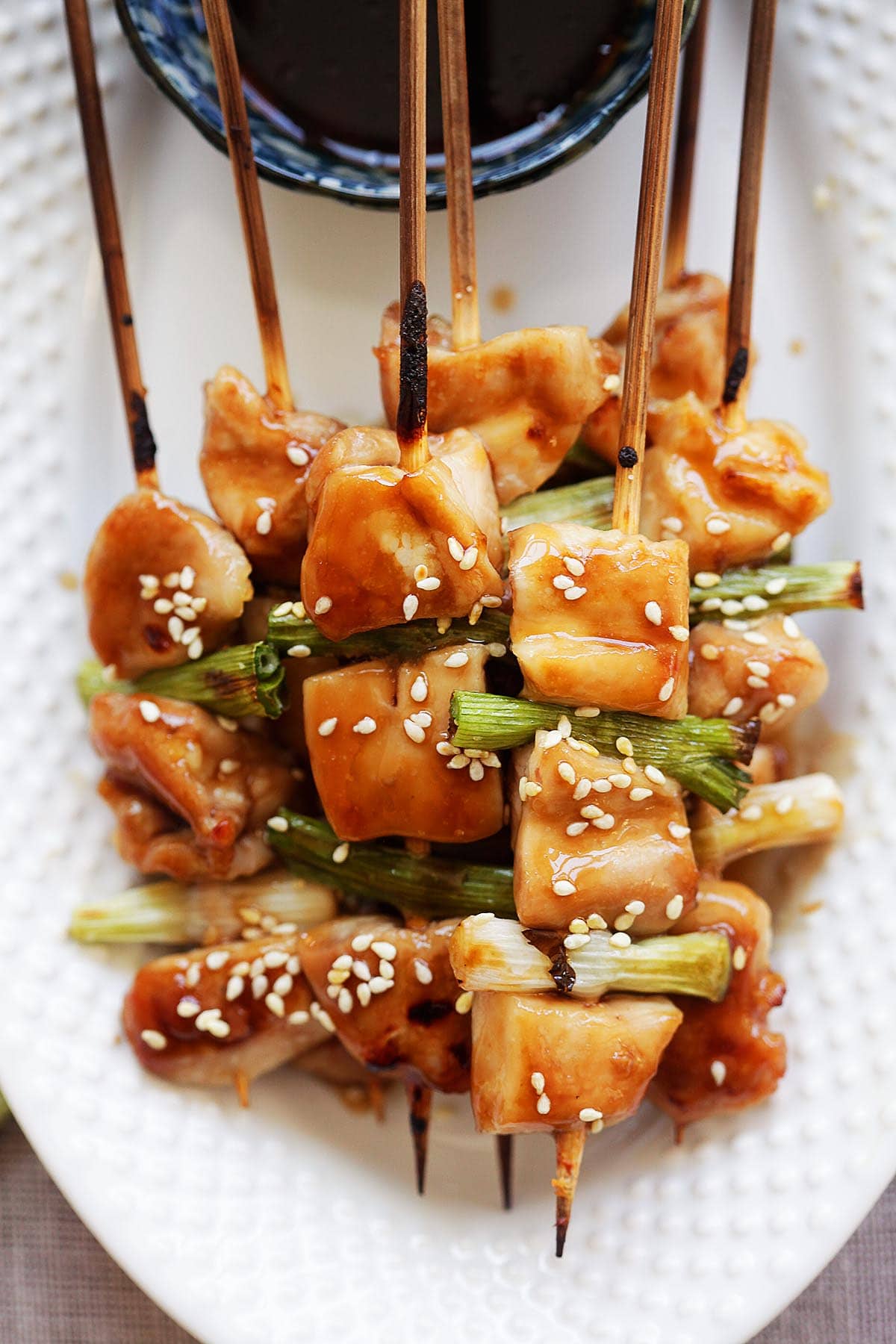 Chicken yakitori with green onion served on a plate. 