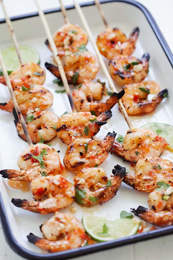 Thai sweet chili marinade shrimp skewers.