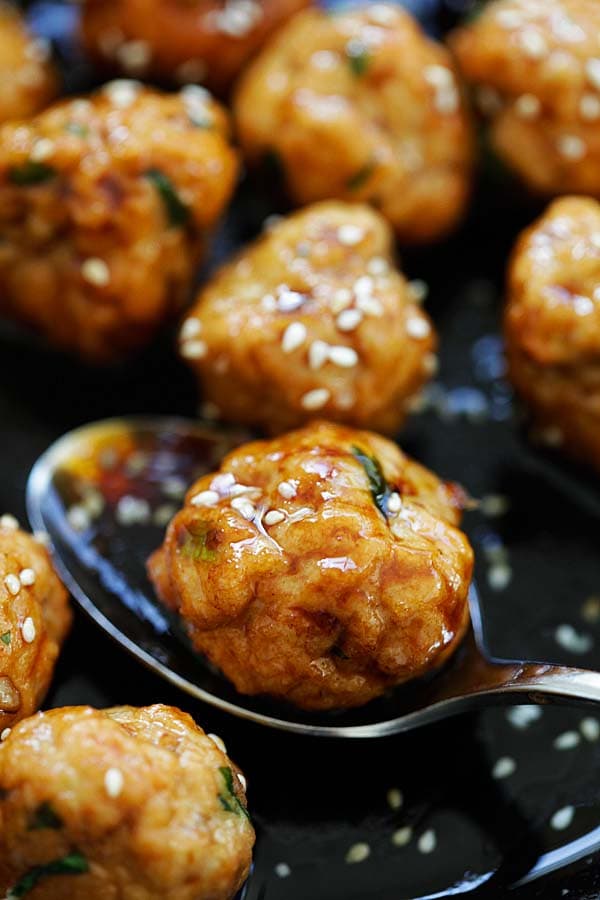 Chicken meatballs with Japanese teriyaki sauce.