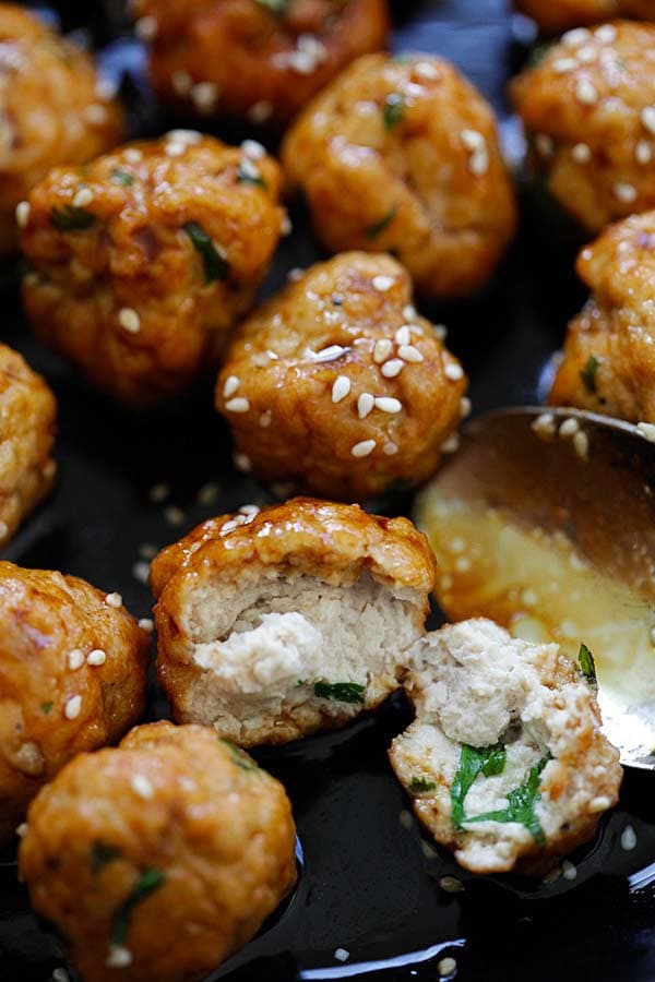 Homemade healthy Japanese Teriyaki chicken meatballs ready to serve.