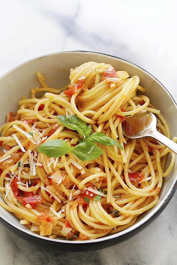 Healthy one pot pasta served made in a stainless steel pan.