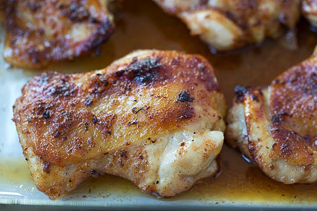 Juicy and moist baked chicken thighs. 