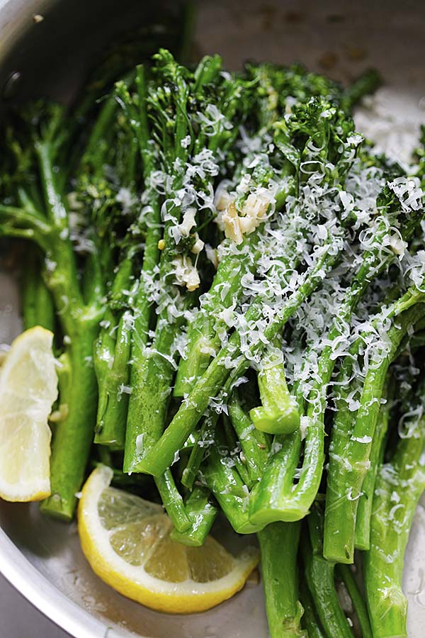 Easy Garlic Parmesan Broccolini in a skillet.