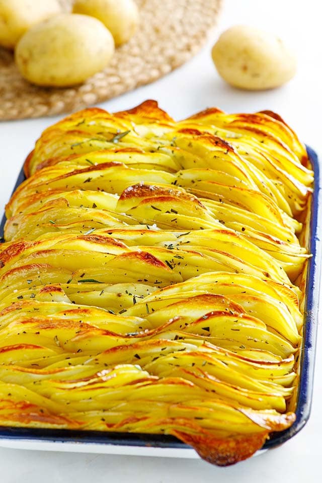 Close up of crispy leaf potatoes.