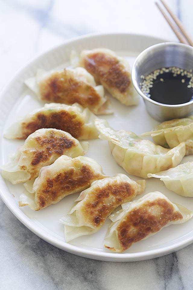 Easy and quick pan-fried Chinese Shrimp Potstickers recipe.