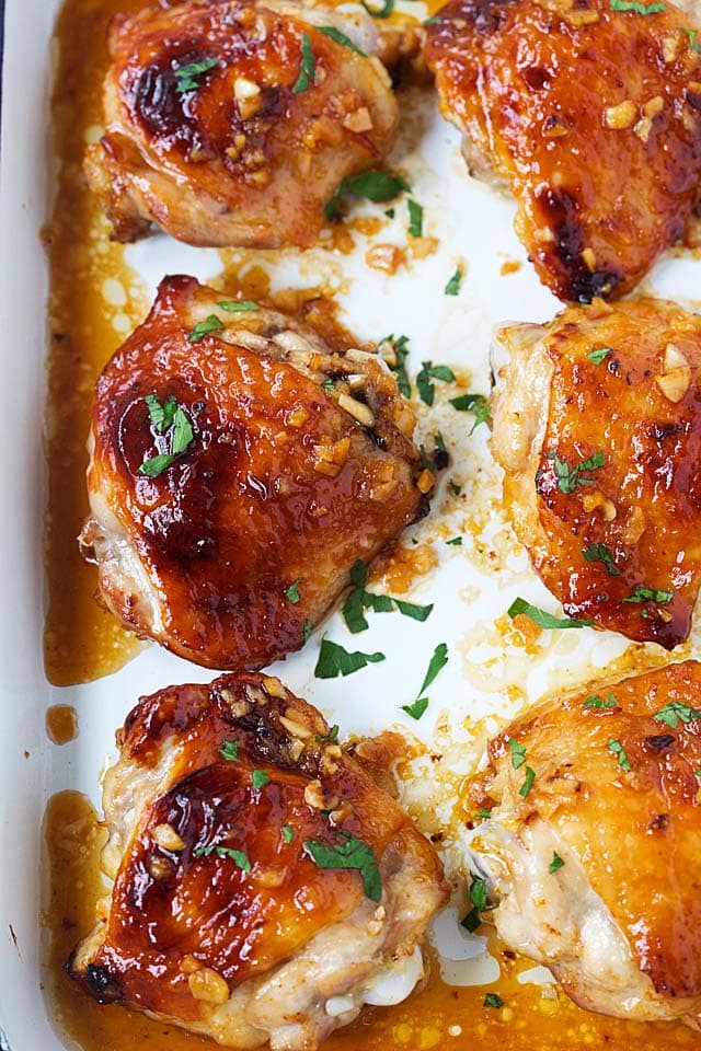 Close up of healthy homemade baked chicken thighs, ready to be served.