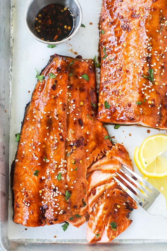 Easy and quick soy glazed salmon in a sheet pan.