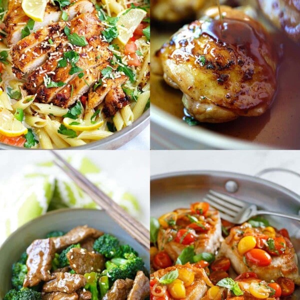 Blackened chicken pasta, honey balsamic chicken, beef and broccoli and saute pork with tomatoes.