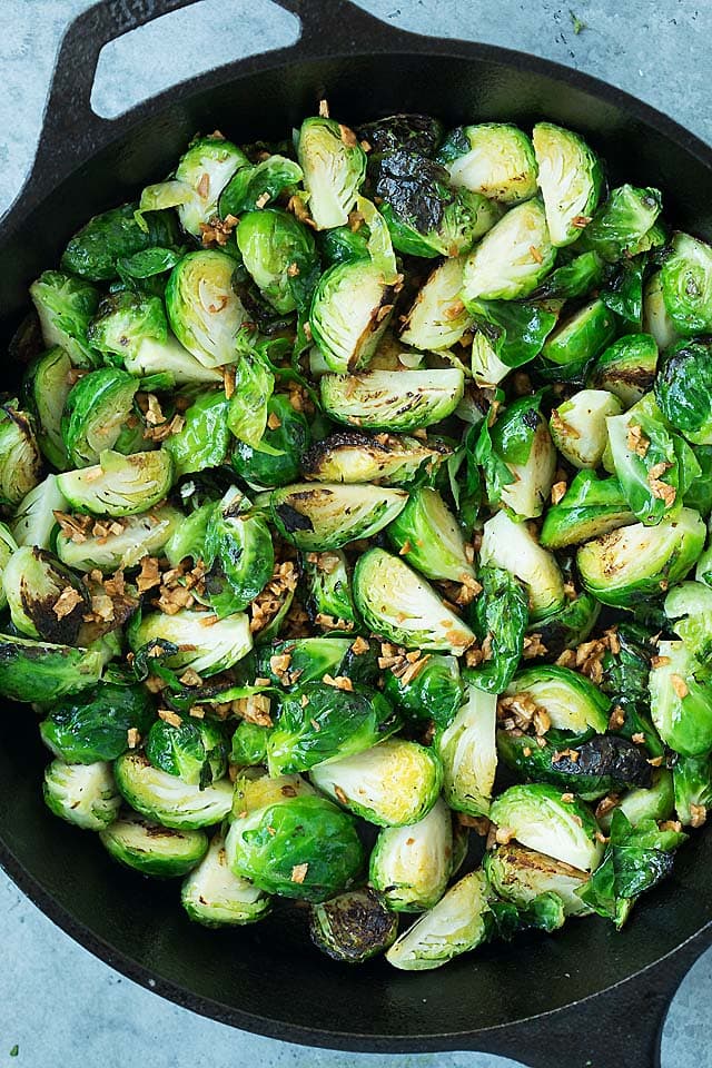 Crispy garlic sauteed Brussels sprouts, ready to be served.