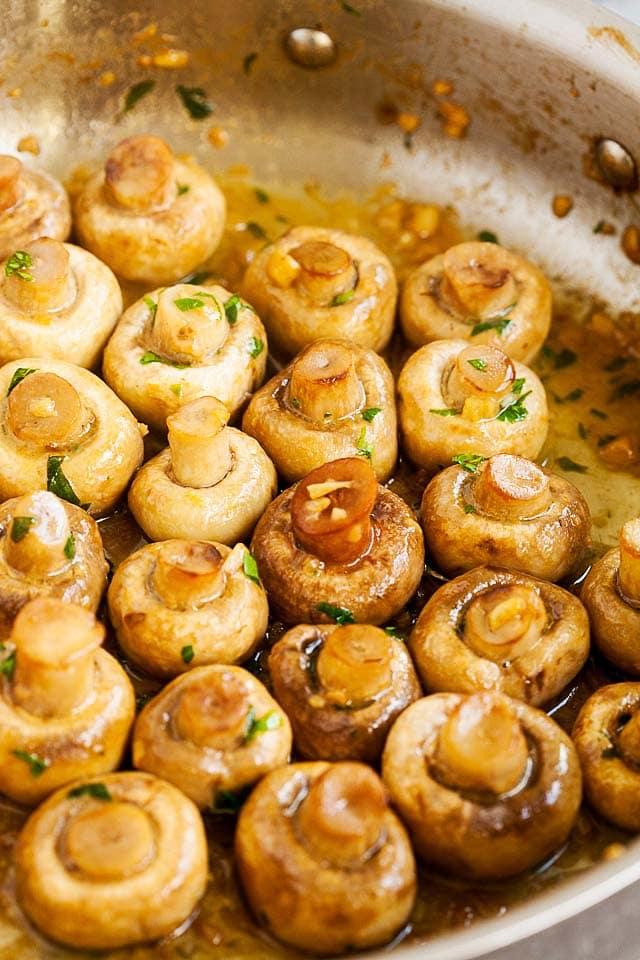 Garlic butter sauteed mushrooms are ready to be served.