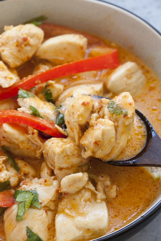 Fast chicken curry in a bowl, ready to serve.