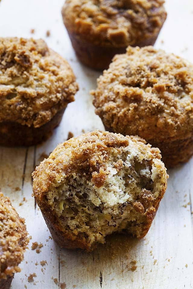 Taking a bite of banana crumb muffins.