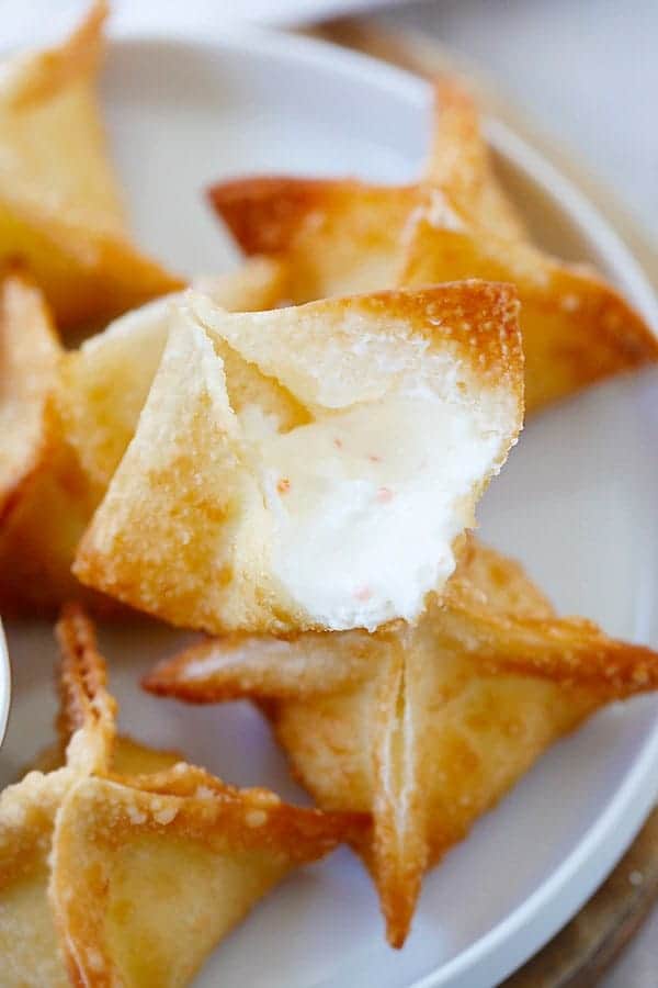 Crab rangoon with real crab meat and cream cheese filling.