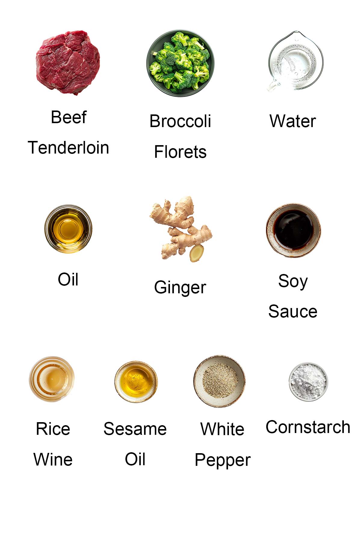 Ingredients for beef and broccoli.