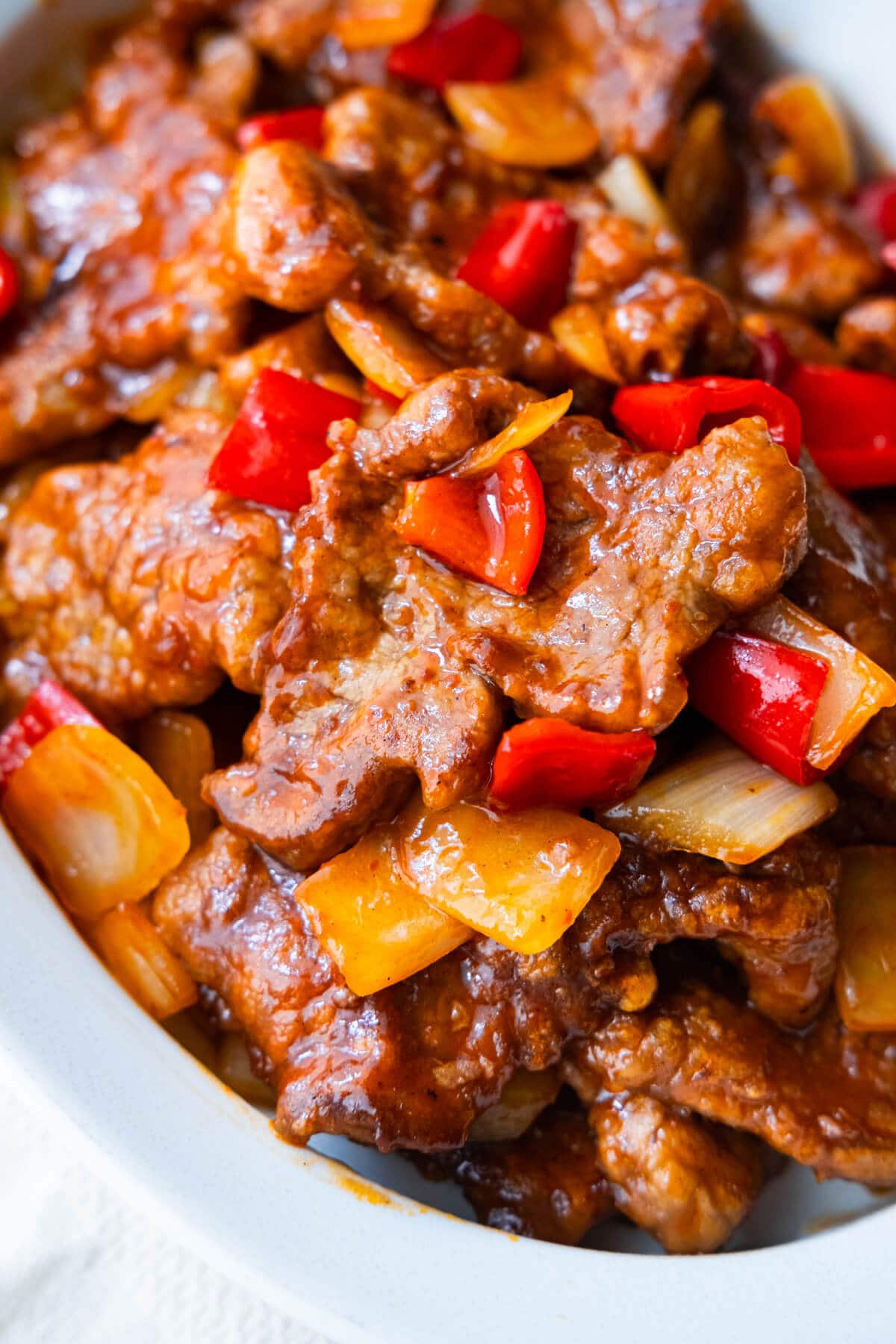 Stir fry crispy beef with Beijing sauce. 