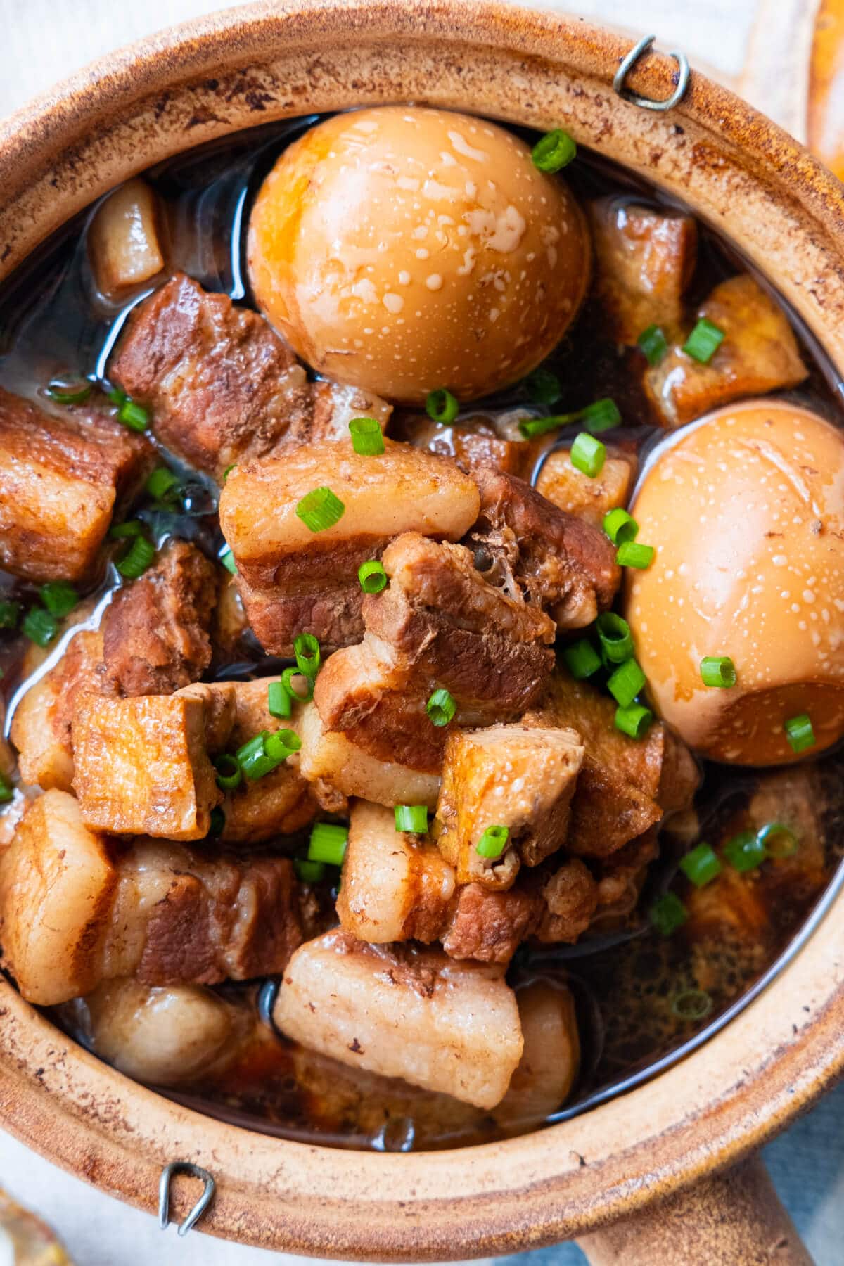 Braised pork belly in a pot. 