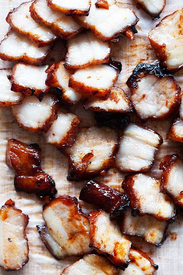 Char siu on a chopping block.