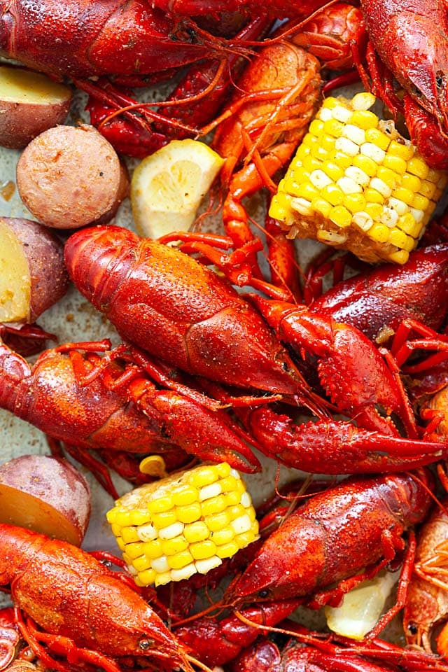 Louisiana New Orleans crrawfish boil on a serving platter.