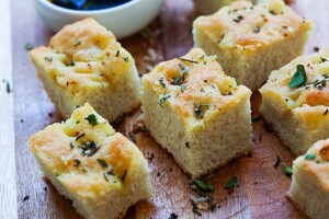 Focaccia on a board.