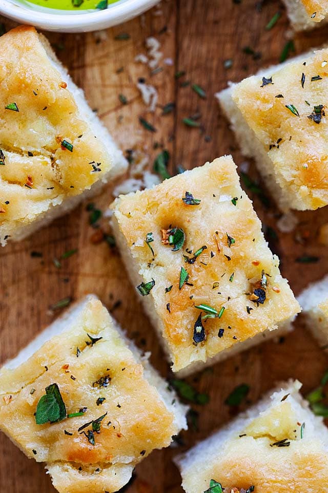 Focaccia bread on a serving platter.