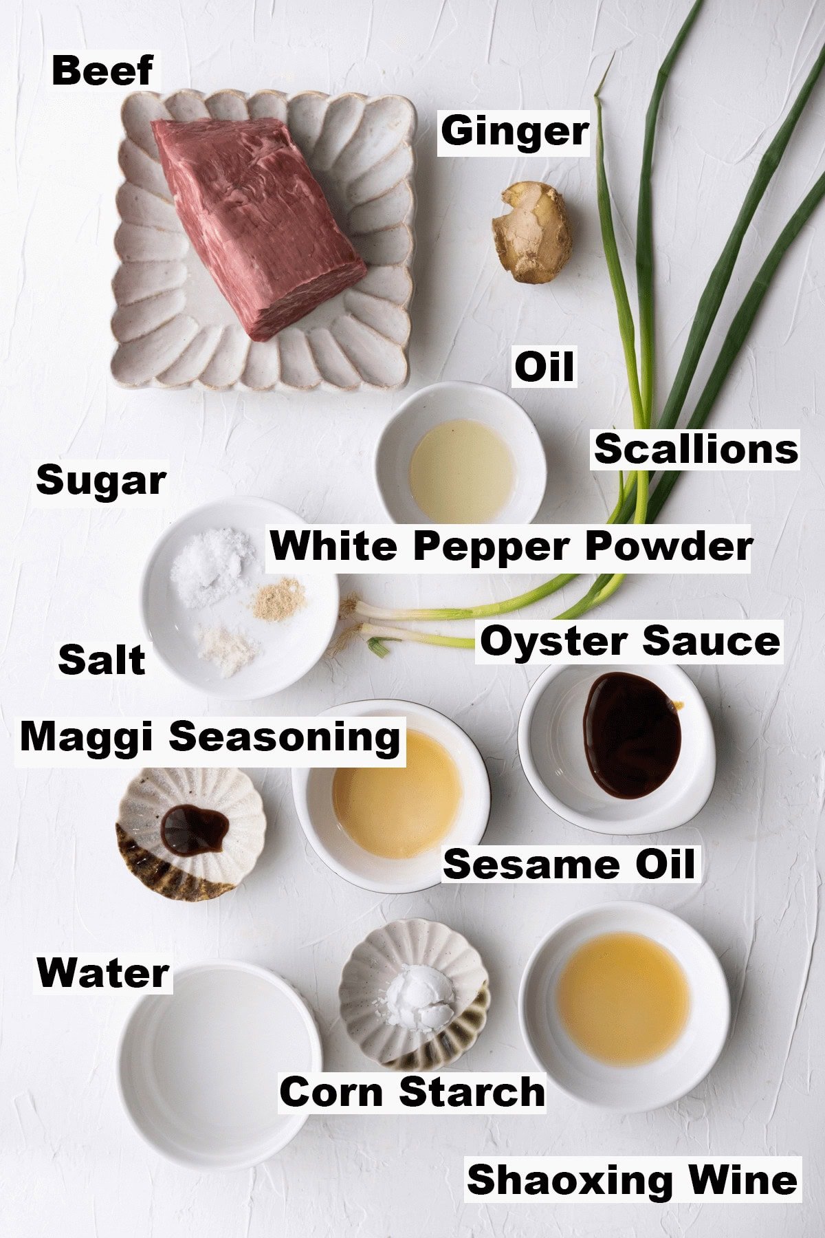 Ingredients for ginger and scallion beef recipe. 