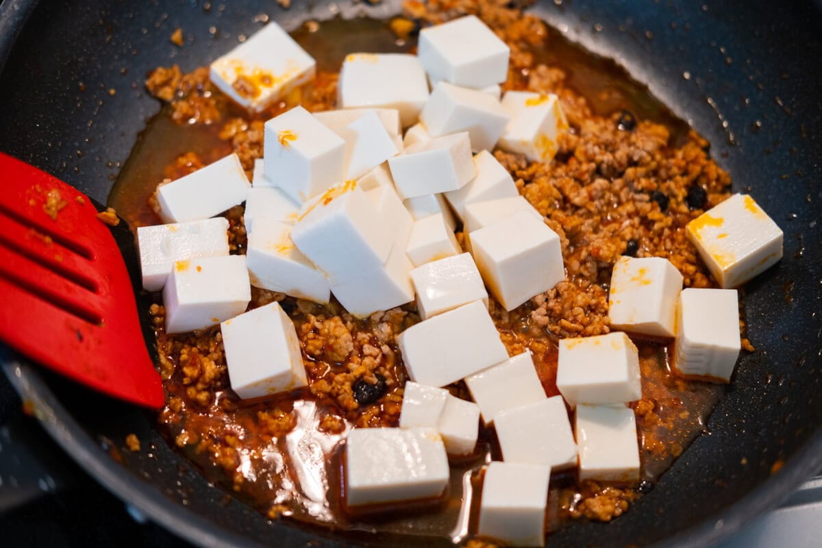 Silken tofu with group pork for mapo tofu. 