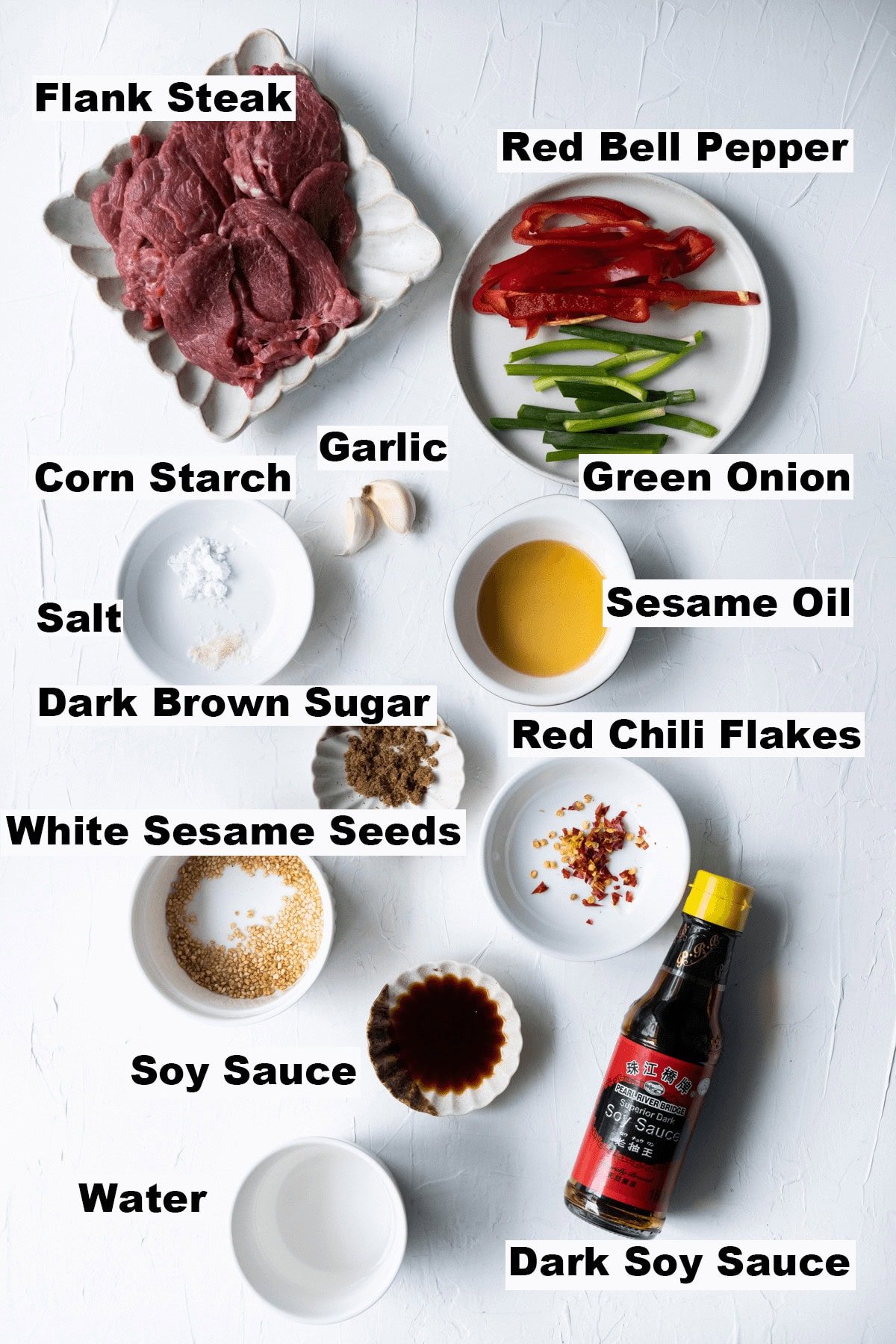 Ingredients for sesame beef recipe. 