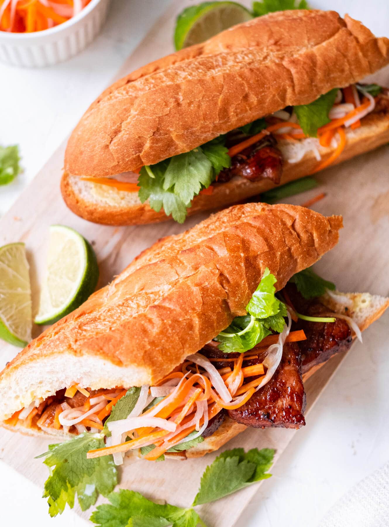 Homemade banh mi sandwich with grilled lemongrass pork. 