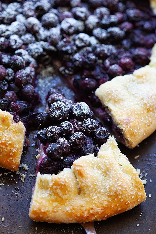 A slice of blueberry galette, ready to be eaten.